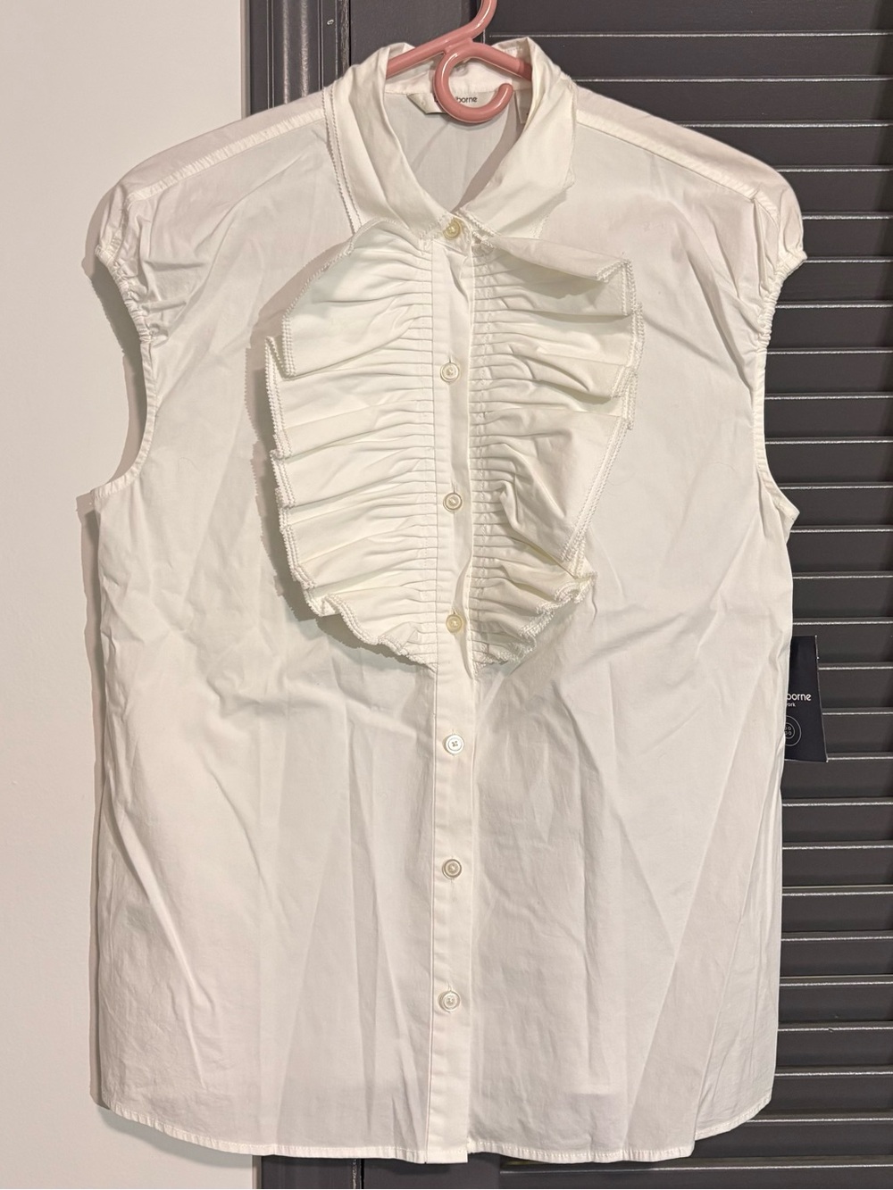 NWT Liz Claiborne Cotton White Sleeveless Ruffle Bib Button-Up Blouse